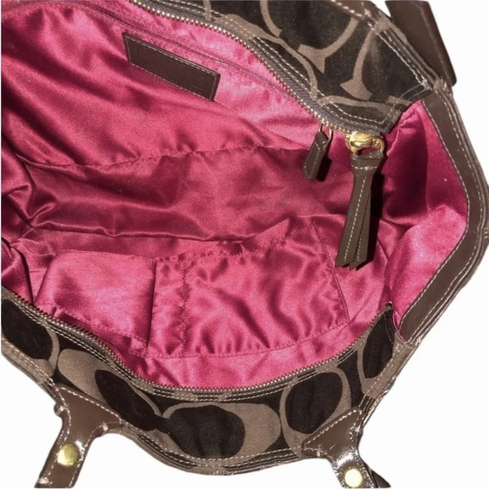 Coach brown leather mixed media patchwork handbag with gold hardware hang tag